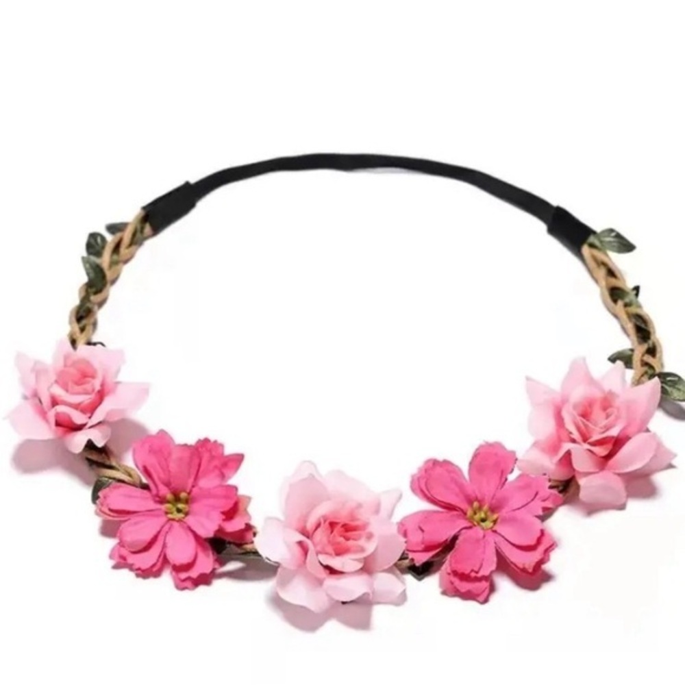 NWT -pink floral crown bohemian 7 inches & elastic band one size fits most